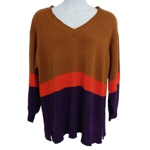 Lane Bryant Brown Orange Purple Colorblock Striped V-Neck Sweater Colorful Cozy